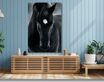 Black Horse Canvas Print Art,Black Horse Print on Canvas,Wild Horse Painting,Horse Canvas Wall Art,Black Horse Poster,Animal Large Wall Art