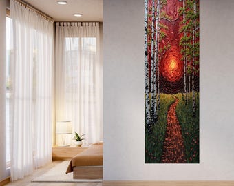 Red Sunset Forest Canvas Art, Vertical Woodland Path Painting