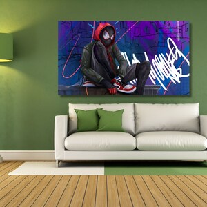 May include: A digital illustration of a superhero wearing a black and red suit with a red hood. The superhero is sitting on a ledge with a city background. The image has a graffiti style.