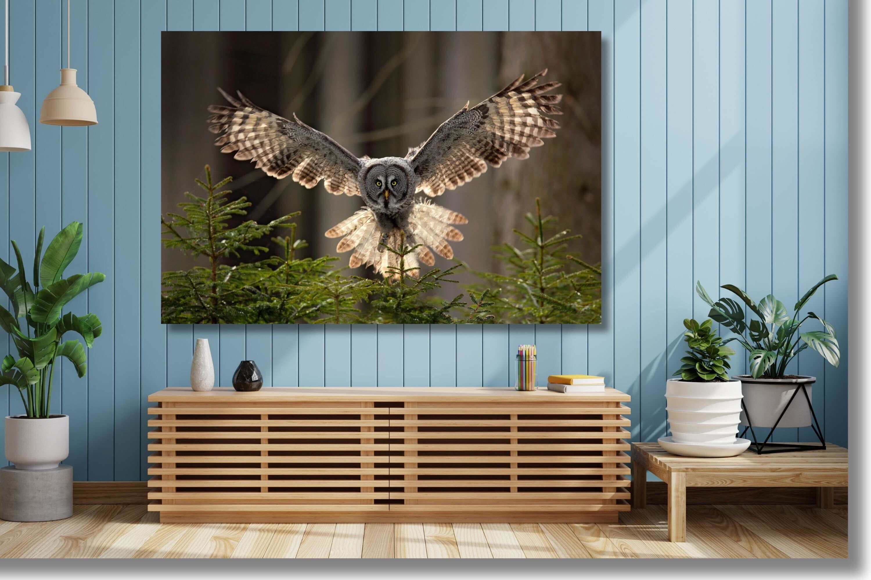 Forest with Owl Canvas Poster Flying Great Grey Owl Print Green Spruce Tree with Owl Wall Art Decor 