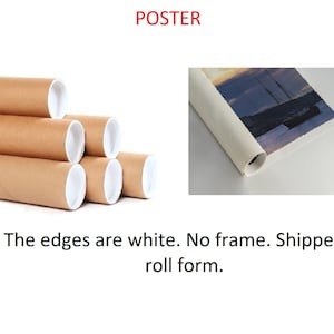 May include: A poster rolled up in a brown cardboard tube. The edges of the poster are white. The poster is shipped in a rolled form. The poster has a sunset scene with a sailboat in the distance.