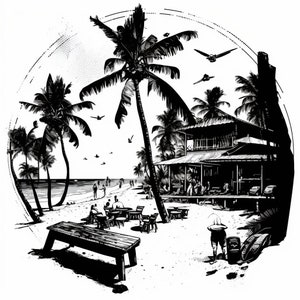 May include: Black and white illustration of a tropical beach scene. Palm trees frame a beachfront building with people relaxing. A bench and tables with chairs are in the foreground. Birds fly overhead, and people walk along the shore.