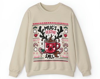 Cute Ugly Christmas Sweater Crewneck Sweatshirt, Mug's Festive Spill Design, Available in multiple colors, Merry Christmas Sweater