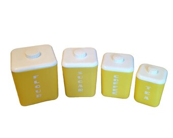 Lustro Ware Rona Plastic Corp Canister Set Yellow White Flour Sugar Coffee Tea