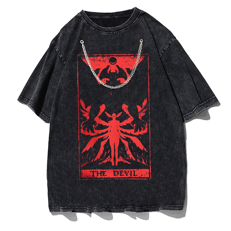 Devil Tarot Satanic Graphic Tee Gothic Grunge Clothing Retro TShirt+Chain