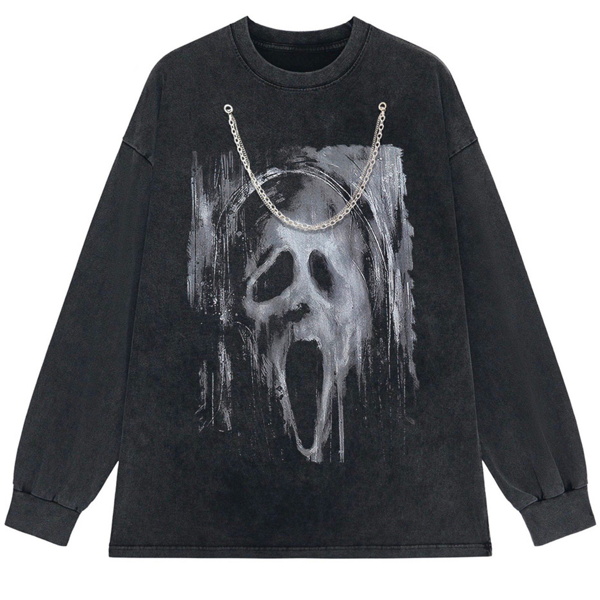 Discover Scream horror ghost face tshirt | 90s Grunge gothic shirt | Black washed shirt with skull white print