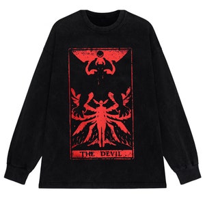 Devil Tarot Satanic Graphic Tee Gothic Grunge Clothing Black LongSh.