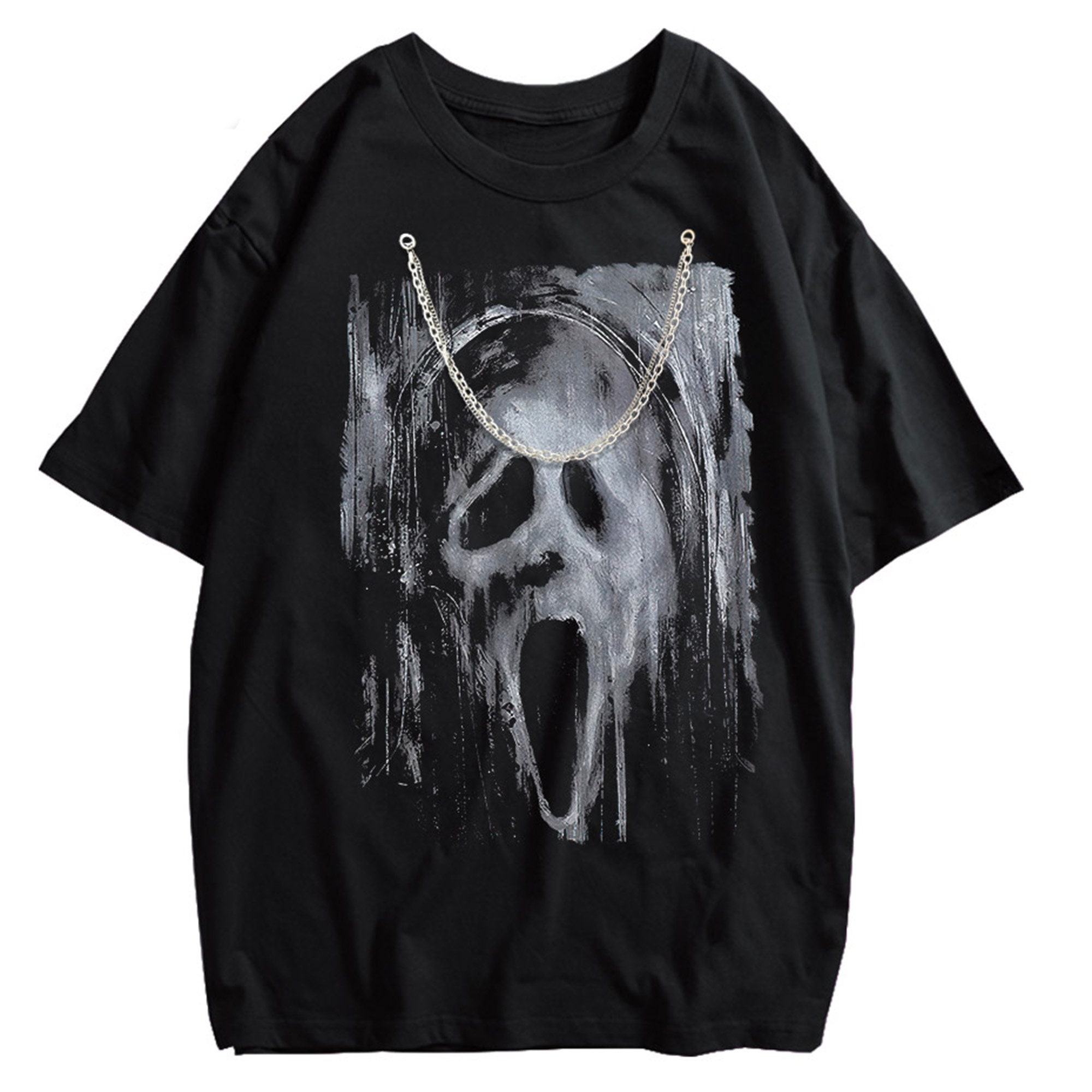 Discover Scream horror ghost face tshirt | 90s Grunge gothic shirt | Black washed shirt with skull white print