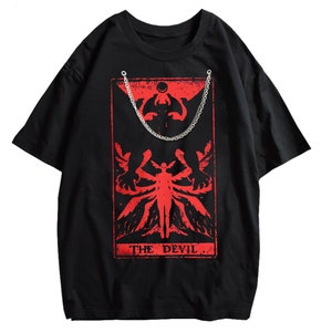 Devil Tarot Satanic Graphic Tee Gothic Grunge Clothing Black TShirt+Chain