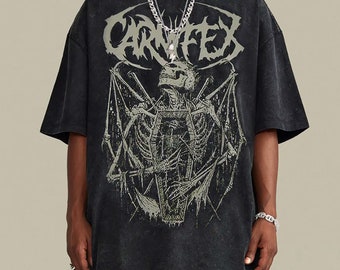 Chemise oversize gothique vintage Carnifex tête de mort satanique grunge foncé | vêtements gothiques hommes et femmes