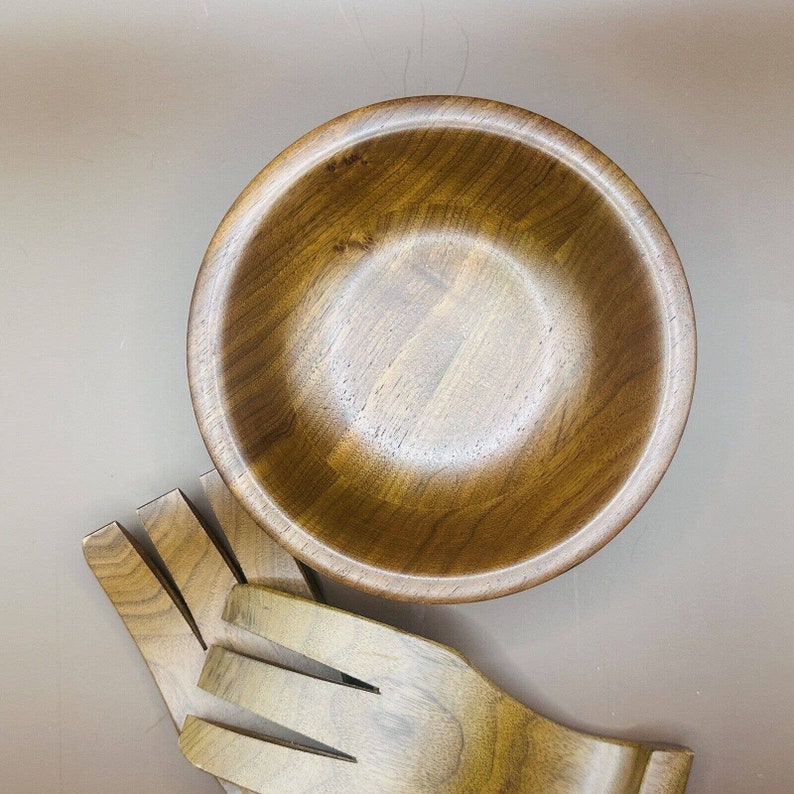 Vintage Set of 4 Real Walnut Salad Bowls Plus Salad Spoon and Fork Etsy