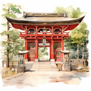 8 Japan Shinto Shrine (Traditional Japanese Shrine) Watercolor Clipart - 8 High Quality JPGs, Digital Download