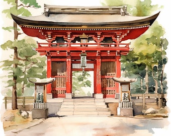 8 Santuário Xintoísta do Japão (Santuário Tradicional Japonês) Clipart em aquarela - 8 JPGs de alta qualidade, download digital