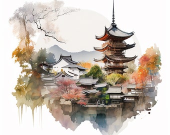 10 Japan Kyoto Watercolor Clipart - 10 High Quality JPGs, Digital Download