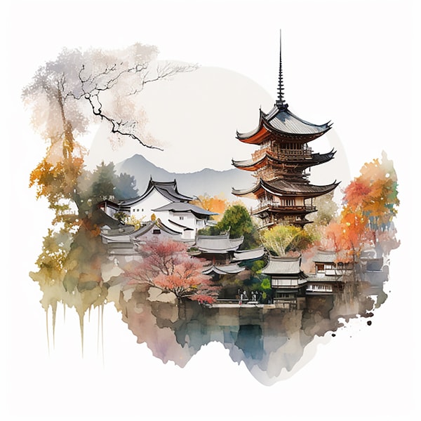 10 Japan Kyoto Watercolor Clipart - 10 High Quality JPGs, Digital Download