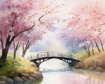 8 Premium Japanese Sakura Park - Cherry Blossom Watercolor Clipart - 8 High Definition Quality JPGs, Digital Download