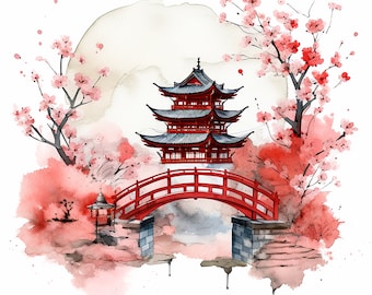 May include: Watercolor painting of a red pagoda with a red bridge in front of it. The pagoda is surrounded by pink cherry blossom trees. The painting has a soft, dreamy feel.