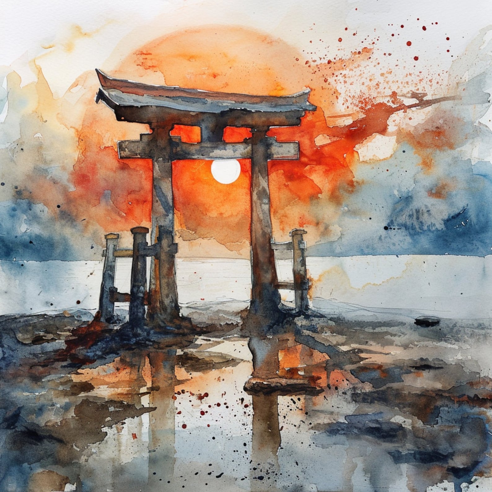 Japanese Torii Gate Sunrise: Watercolor Clipart - 8 High Quality Jpgs ...