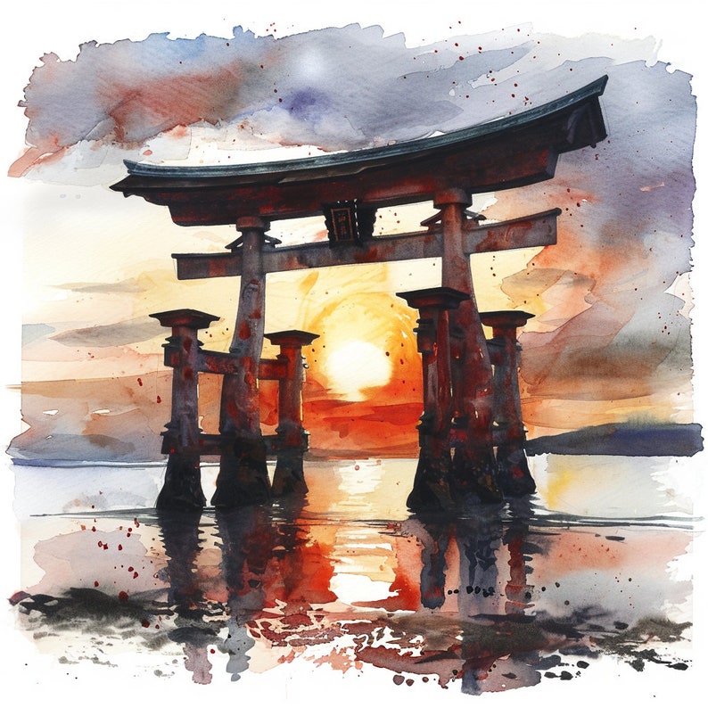 Japanese Torii Gate Sunrise: Watercolor Clipart - 8 High Quality Jpgs ...