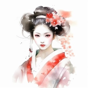 8 Premium Japanese Geisha Aquarelle Clipart - 8 JPGs de définition de haute qualité, Téléchargement numérique