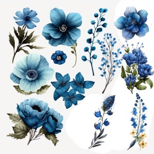 10 flores japonesas - imágenes prediseñadas de flores azules - 10 PNG de alta calidad, descarga digital