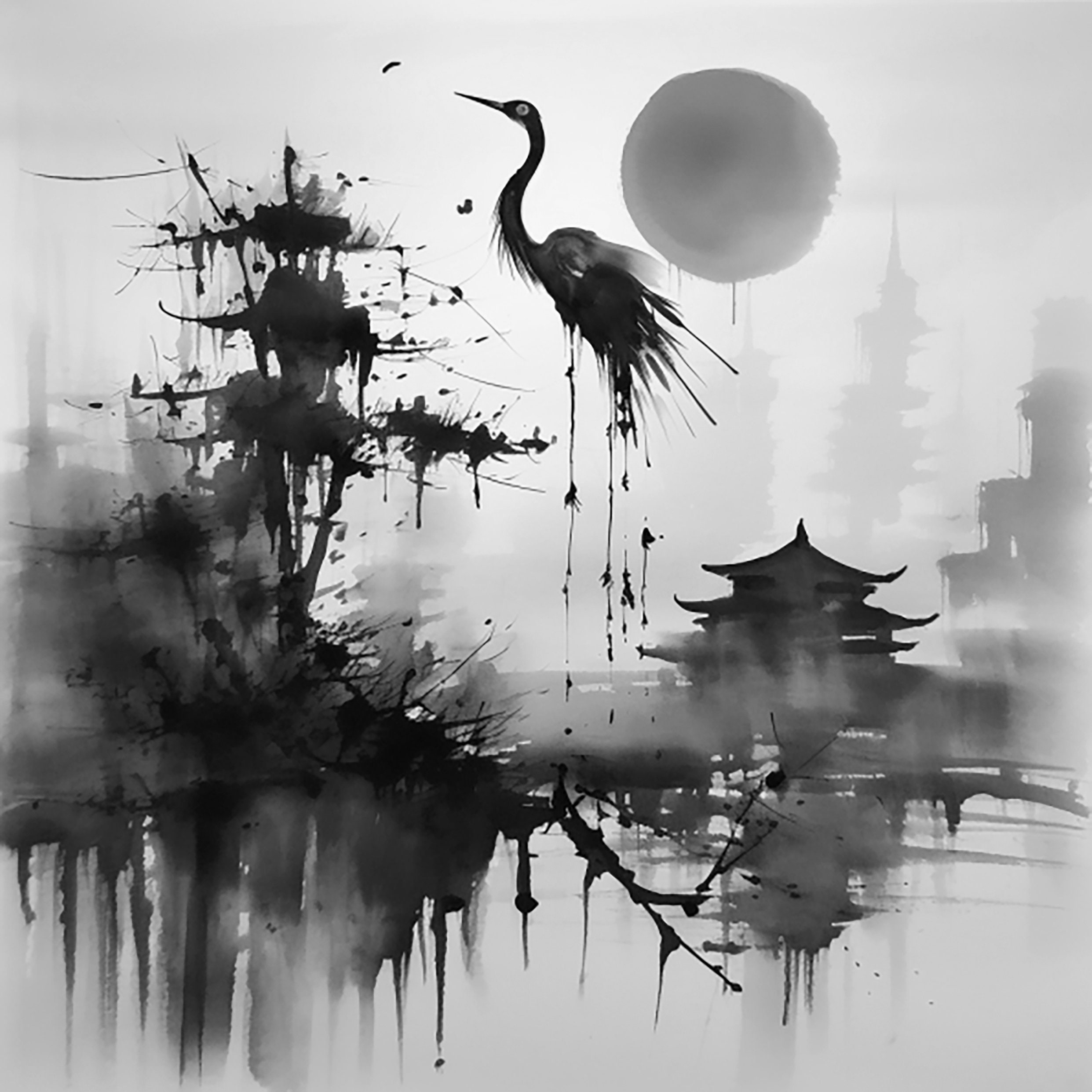 8 Traditional Japanese Sumie Watercolor Clipart Black and White High