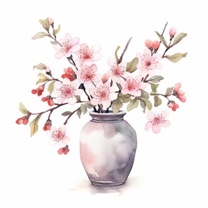 8 japanische Blumen und Sakura in einer Vase - Kirschblüten Aquarell Clipart - 8 hochwertige JPGs, digitaler Download