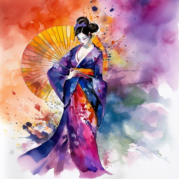 Premium Japanese Geisha Watercolor Clipart - 8 High Quality Definition JPGs, Digital Download