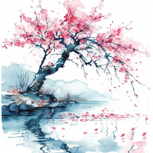 Cherry Blossom Serenity Acuarela Clipart (Sakura) - 8 JPG de alta calidad, Descarga digital