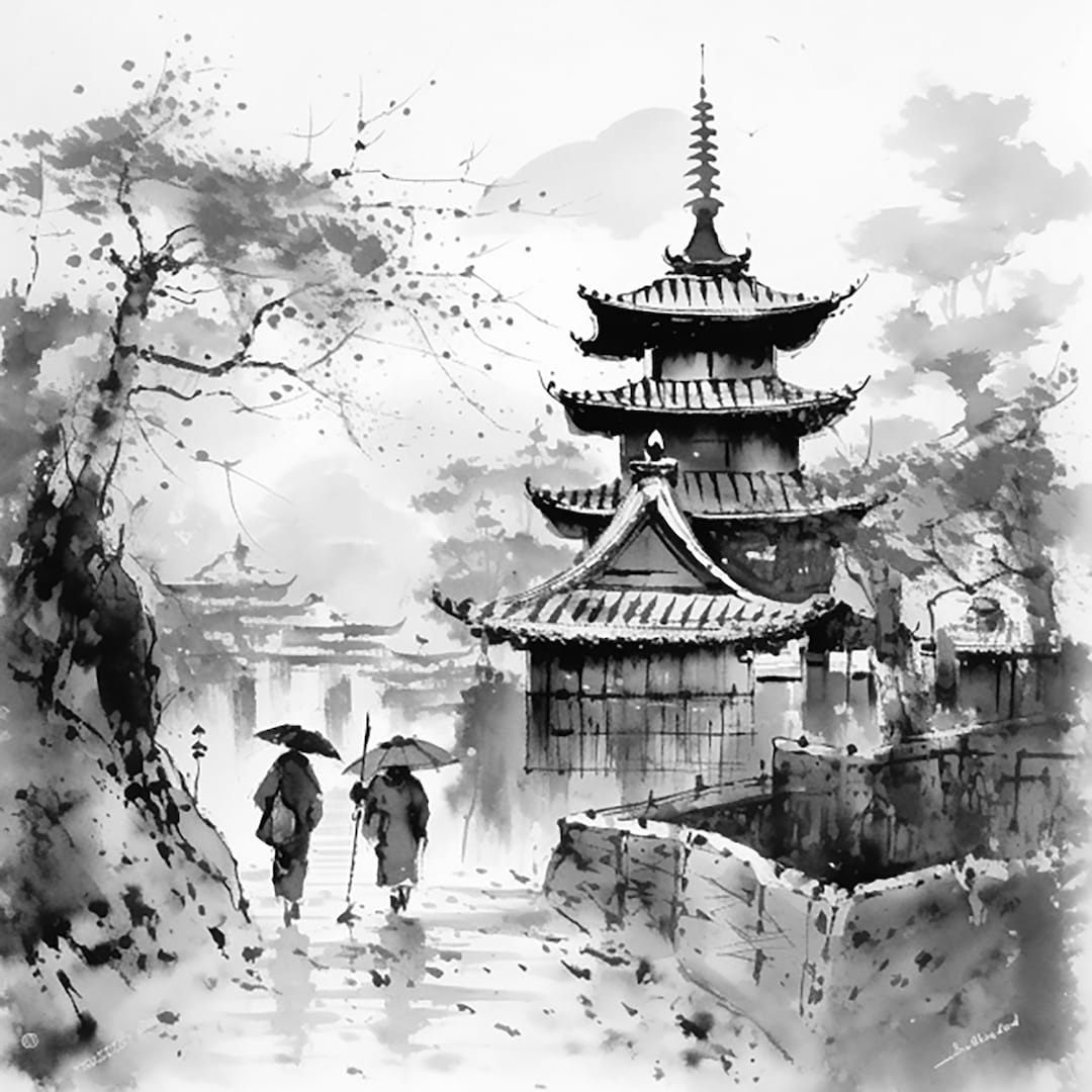 8 Traditional Japanese Sumie Watercolor Clipart Black and White High
