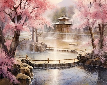 Japan Hot Spring Onsen Watercolor Clipart Sakura High Quality
