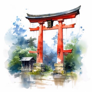 8 Japan Torii Gate (Traditional Japanese Gate) Watercolor Clipart - 8 High Quality JPGs, Digital Download