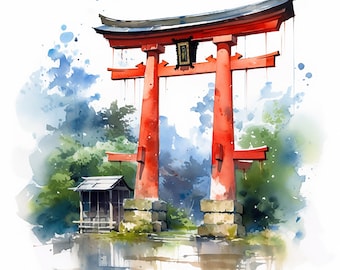 8 Japan Torii Gate (Traditional Japanese Gate) Clipart aquarela - 8 JPGs de alta qualidade, download digital