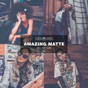 Könnte beinhalten: Eine Collage aus vier Bildern, die Frauen in verschiedenen Outfits zeigen. Die Bilder sind im Vintage-Stil mit einem matten Filter versehen. Der Text "AMAZING MATTE" wird in der Mitte der Collage angezeigt.