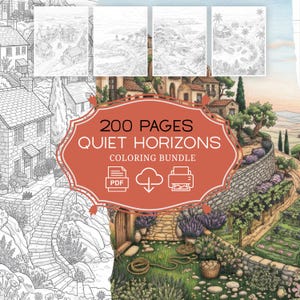 Op de afbeelding: Een digitaal kleurboekpakket getiteld 200 PAGES QUIET HORIZONS met een centraal rood label met witte tekst en iconen voor PDF, downloaden en printen. De achtergrond toont gedetailleerde lijntekeningen en gekleurde illustraties van landschappen.