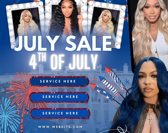 May include: A promotional graphic for a July 4th sale. The design features images of women, fireworks, and text that reads "JULY SALE 4TH OF JULY." There are also buttons labeled "SERVICE HERE" and social media information.