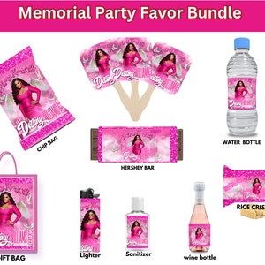 May include: A pink and white memorial party favor bundle with a variety of items, including a chip bag, a Hershey bar, a water bottle, a rice crispy treat, a gift bag, a lighter, a hand sanitizer, and a wine bottle. All items feature a pink and white design with a woman in a pink dress and angel wings.