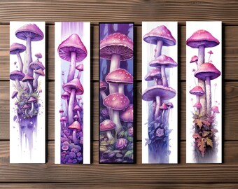 Purple Mushroom Bookmarks, Editable 5-Bookmark Bundle, Watercolor Artwork, Mushroom Artwork, Printable Digital Download
