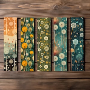 Whimsical Dandelion Bookmark, Editable 5-Bookmark Bundle, Floral Artwork Pattern, Printable Digital Download