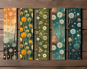 Whimsical Dandelion Bookmark, Editable 5-Bookmark Bundle, Floral Artwork Pattern, Printable Digital Download