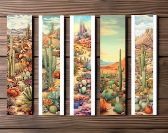 Cactus Bookmark, Editable 5-Bookmark Bundle, Watercolor Artwork, Desert Artwork, Printable Digital Download