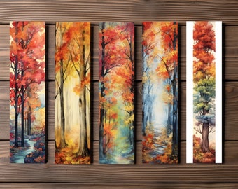 Autumn Forest Bookmark, Editable 5-Bookmark Bundle, Watercolor Artwork, Maple Tree Artwork, Printable Digital Download