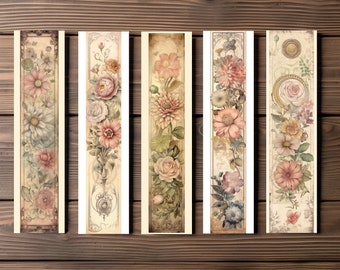 Vintage Floral Pattern Bookmark, Editable 5-Bookmark Bundle, Vintage Wallpaper Artwork, Printable Digital Download