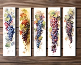 Watercolor Grape Vine Bookmark, Editable 5-Bookmark Bundle, Vine Artwork, Printable Digital Download