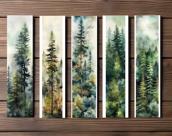 Pine Forest Bookmark, Editable 5-Bookmark Bundle, Watercolor Artwork, Printable Digital Download