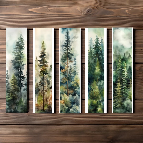 Pine Forest Bookmark, Editable 5-Bookmark Bundle, Watercolor Artwork, Printable Digital Download