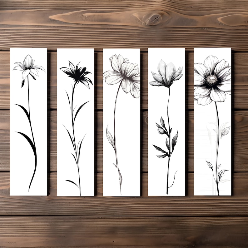 Flower Line Art Bookmark, Editable 5-bookmark Bundle, Simple Linework ...