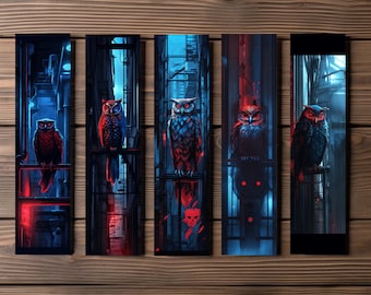 Sci-Fi Owl Bookmark, Editable 5-Bookmark Bundle, Futuristic Fauna Artwork, Observer Owl, Printable Digital Download