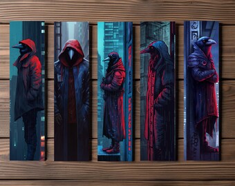 Sci-Fi Crow Bookmark, Editable 5-Bookmark Bundle, Futuristic Fauna Artwork, Stalker Crow, Printable Digital Download