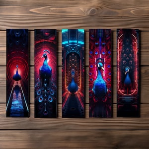 Sci-Fi Peacock Bookmark, Editable 5-Bookmark Bundle, Futuristic Fauna Artwork, Printable Digital Download